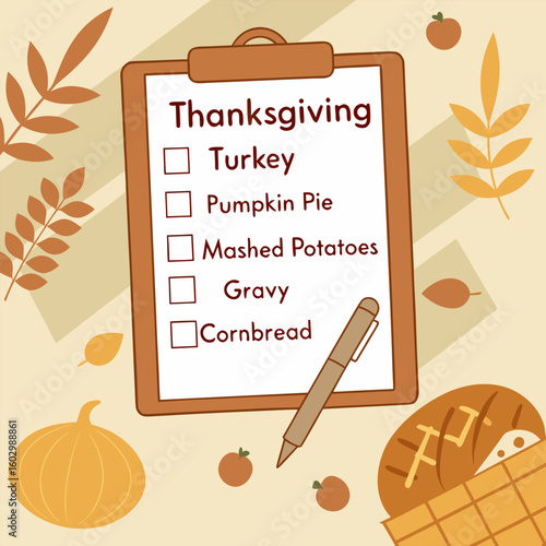 Thanksgiving dinner checklist featuring turkey pumpkin pie mashed potatoes gravy and cornbread surrounded by autumn leaves and pumpkins