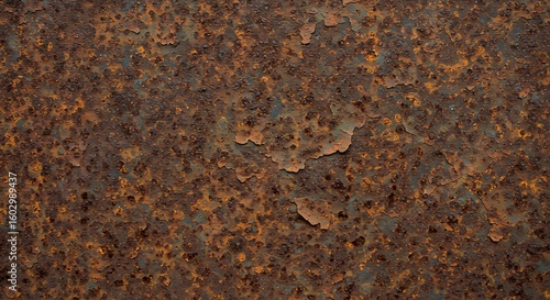Grungy background of a weathered, corroded metal plate with flaking orange rust texture.