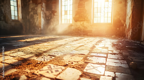 Sunlit interior of a dilapidated building with damaged tile floor.
