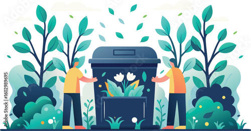 Eco-cute vector illustration of people composting organic waste outdoors, green and blue palette, soil microfauna and ecological cycle concept