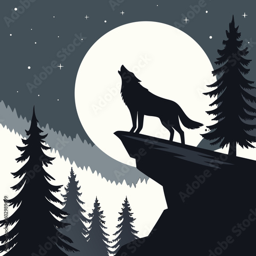 Wolf Howling Silhouette on Rock with Moon and Pine Forest Background