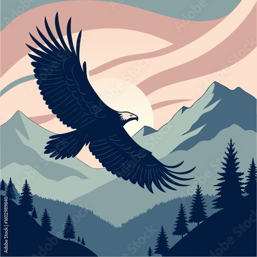 Flying Eagle Silhouette at Dawn – Wide Wings Over Mountain Range Scene