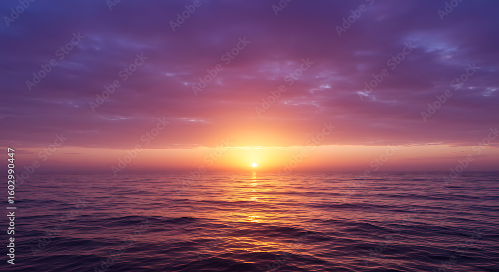 Fototapeta premium Vibrant sunset over a calm ocean, with a dramatic mix of purples and oranges in the sky.