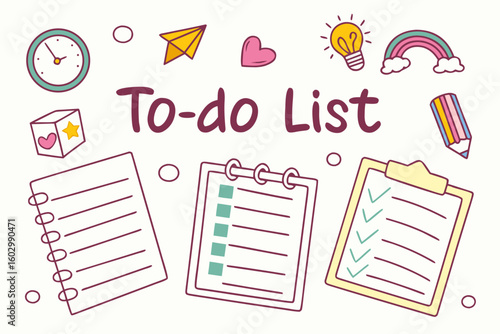 Illustration of a to do list with paper airplane heart lightbulb rainbow pencil and clipboards around it