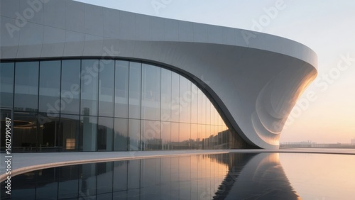 Modern Curved Building with Reflective Glass Facade at Sunset