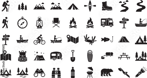 Collection of outdoor camping and hiking icons isolated on transparent background