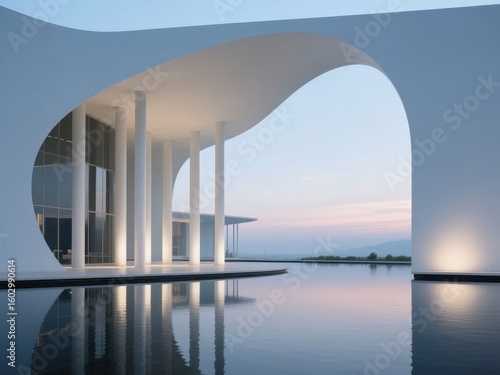 Modern Architectural Structure with Reflective Pool at Dusk