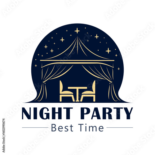 Elegant Night Party Logo Design Template – Outdoor Event, Tent, Table & Chairs Illustration, High-quality vector logo template featuring a stylish tent with a table and chairs under it