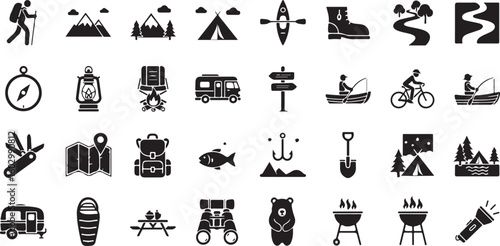 Collection of outdoor camping and hiking icons isolated on transparent background