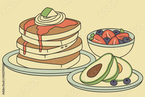 Illustration showing a stack of pancakes with syrup, fruit salad, and avocado slices on plates arranged together