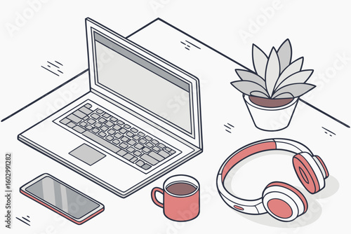 A desk scene with a laptop, plant, headphones, coffee cup, and phone in an isometric line drawing style