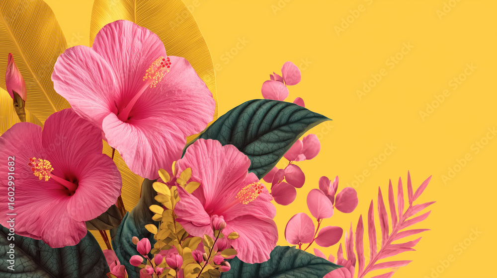 Obraz premium A yellow background with pink flowers and green leaves