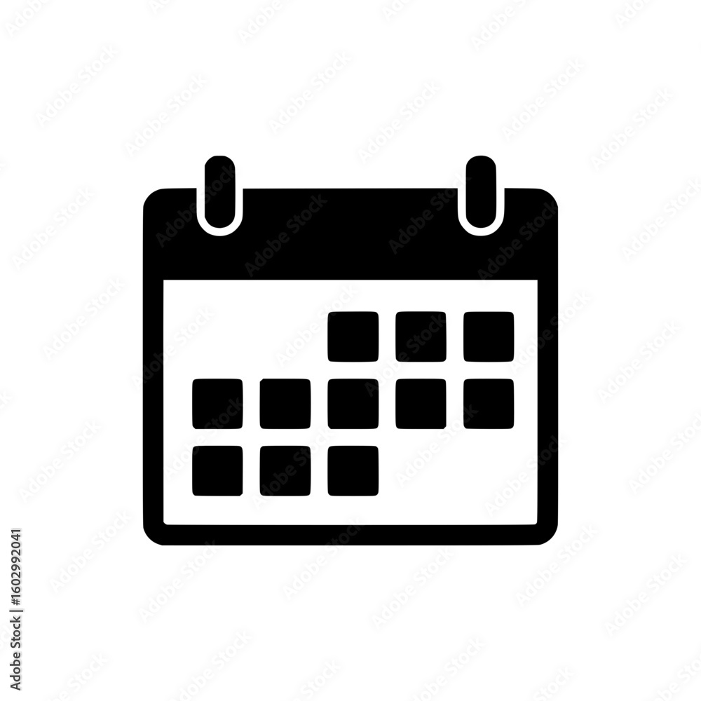 Black calendar icon with grid squares isolated on white background suitable for app and web design Black calendar icon with grid squares isolated on white background suitable for app and web design