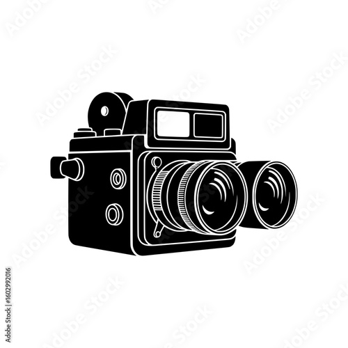 Black and white vintage movie camera icon two lenses isolated on white background