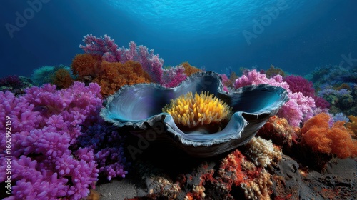 Wallpaper Mural Ocean restoration concepts, Vibrant underwater scene featuring coral reefs and a large clam shell among colorful marine life. Torontodigital.ca