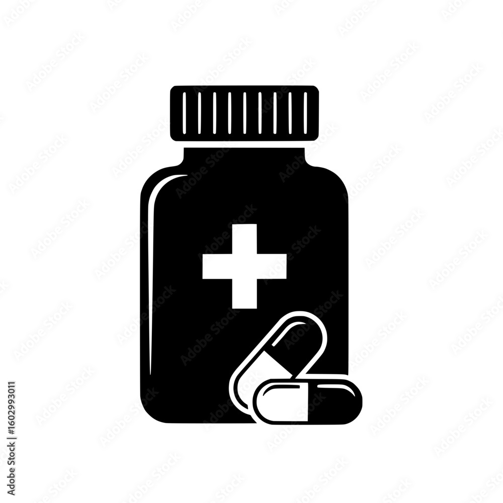 Fototapeta premium Medicine bottle icon with pills and a medical cross symbol isolated on white background This vector graphic is perfect for healthcare websites and mobile apps
