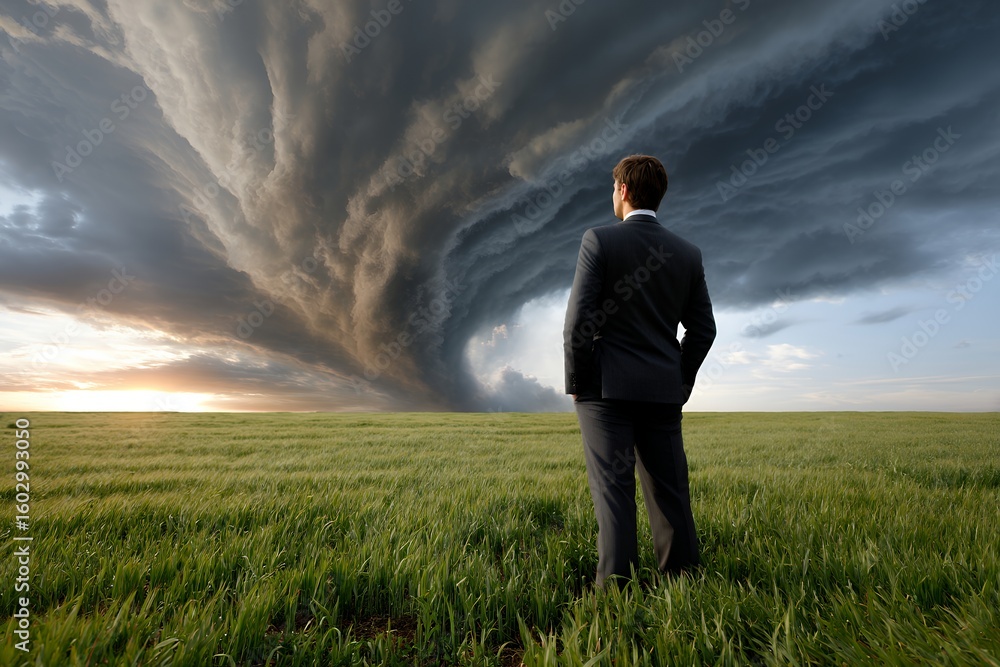 Young caucasian male in suit facing imposing thunderstorm over open field Young caucasian male in suit facing imposing thunderstorm over open field