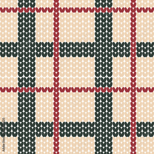 A knit plaid vector seamless pattern in mocha beige, deep forest green, and wine red. Ideal for fabric prints, winter.