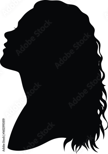 Black silhouette of a woman looking upward depicting femininity and beauty with flowing curly hair design for graphic resources