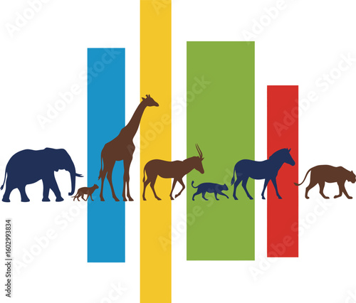 Vibrant African animals parade against colorful bars, captivating safari wildlife journey illustration