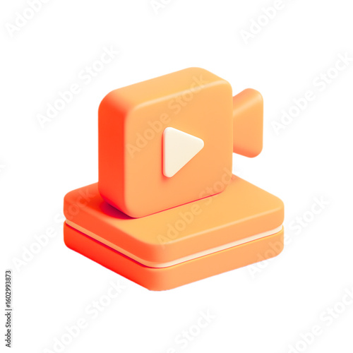 3d orange video camera icon with play button isolated on transparent background