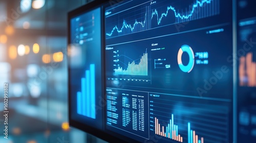 A close-up of a digital screen displaying various data charts, graphs, and analytics in a modern office environment.