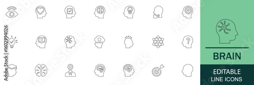 brain line icon set. Featuring artificial intelligence, awareness, neurology, psychology, learning, cognition, smart thinking, mental health, vector, and more. editable icons. illustration