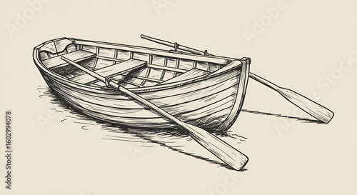 Classic wooden rowboat with oars resting on calm water, serene escape
