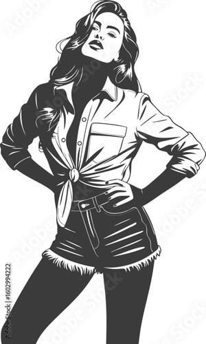 Stylish retro illustration of a confident woman posing with hands on hips in casual clothing and a classic pop art look