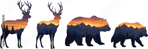 Stunning wildlife silhouettes filled with vibrant mountain sunset landscapes evoke adventure and nature's beauty