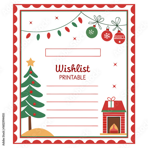 Festive christmas wishlist printable with a decorated tree fireplace and garland lights for holiday gift planning