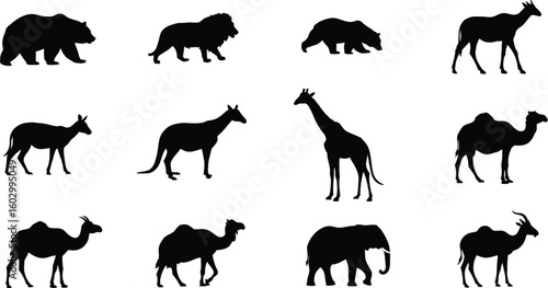 Collection of diverse animal silhouettes, including bears, lions, giraffes, camels, and antelopes, for creative projects