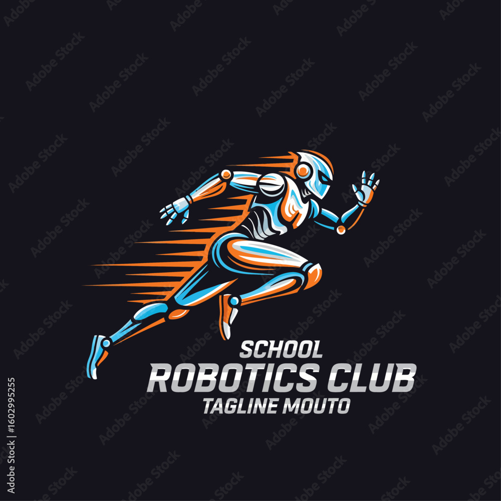 Fototapeta premium A graphic logo of a running robot for a school robotics club with a tagline mouto on a black background