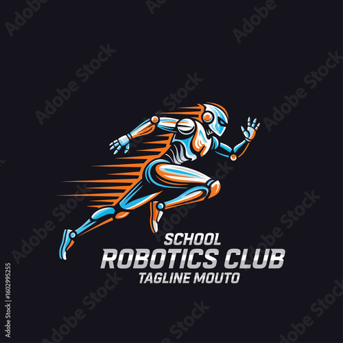 A graphic logo of a running robot for a school robotics club with a tagline mouto on a black background