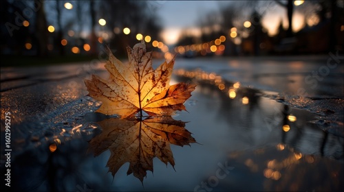 A single autumn leaf rests in a puddle, reflecting the city lights.