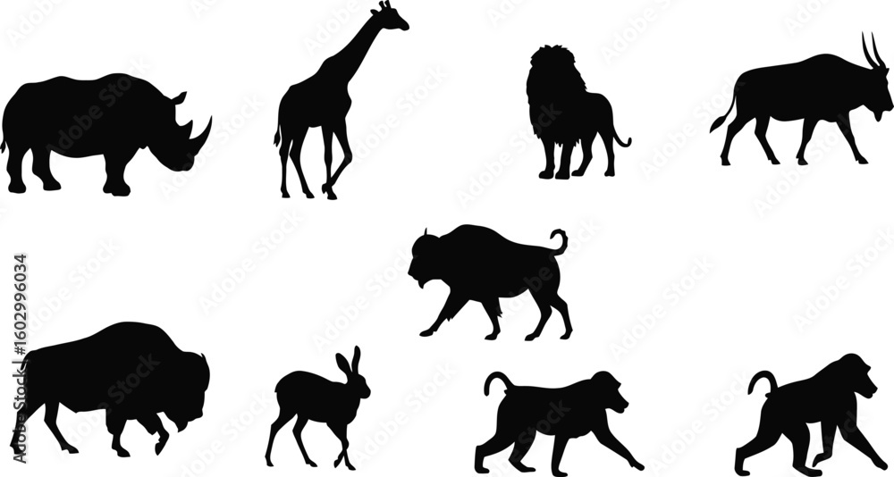 Naklejka premium Majestic African wildlife silhouettes including rhino, giraffe, lion, antelope, bison, rabbit, and monkeys