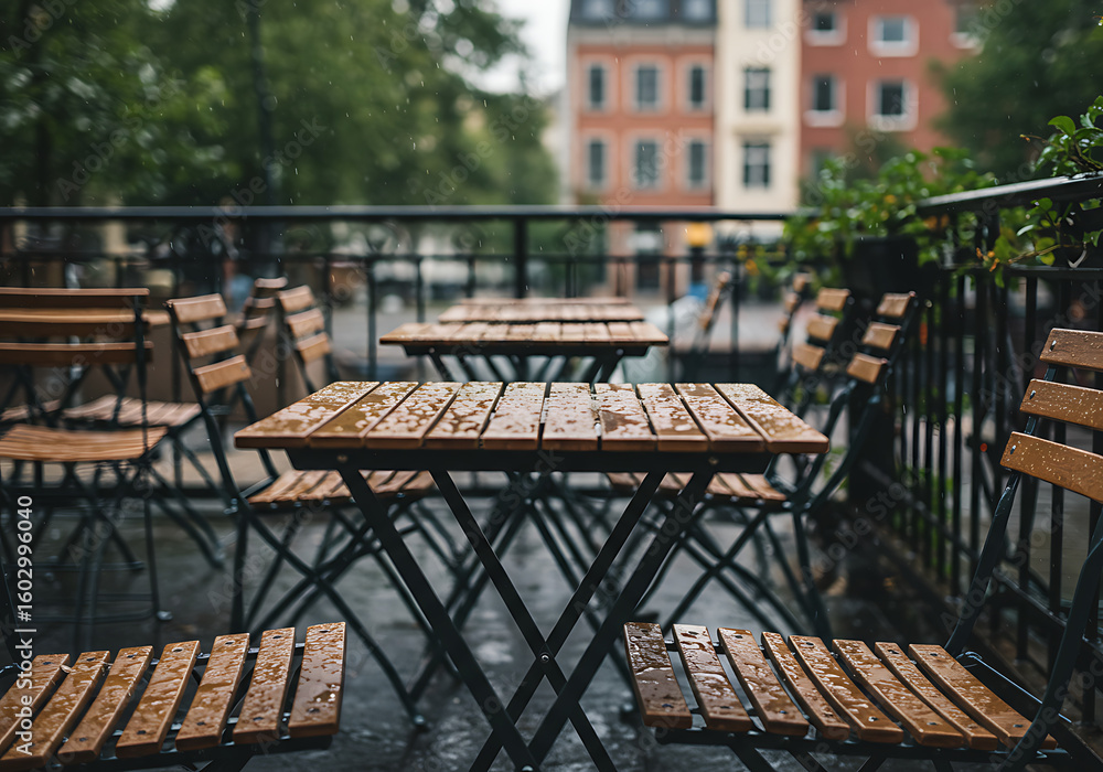 Empty outdoor cafe tables and chairs covered in raindrops on a rainy day, with buildings blurred in the background. Empty outdoor cafe tables and chairs covered in raindrops on a rainy day, with buildings blurred in the background.