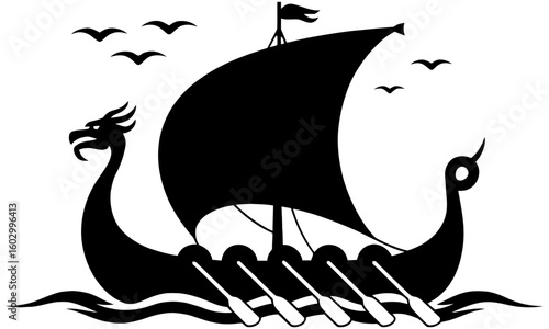 Silhouette of a viking ship on the water