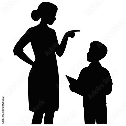 Silhouette of woman scolding young boy child