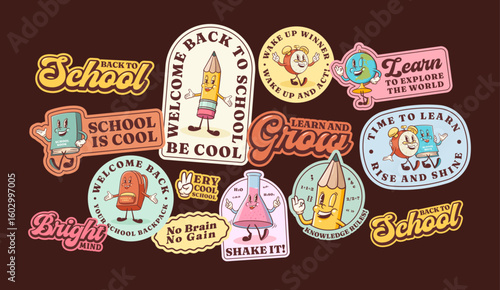 Groovy Back to School Retro Stickers Set Cartoon Alarm Clock, Pencil, Globe, Book, Apple Labels Vector Education Mascot Sticker Templates. Happy Vintage Cool Learning Personage Illustrations Isolated