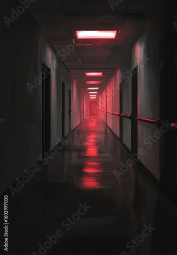 Red-lit hallway, ominous