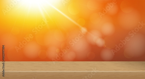 Vector Wooden Top Outdoor Scene Backdrop Mockup. Limbo Abstract 3d Product Presentation. Wall Shelf Promo Showcase Display Tabletop on Sunny Green Blurred Background. Clear Wood Podium Stage Template