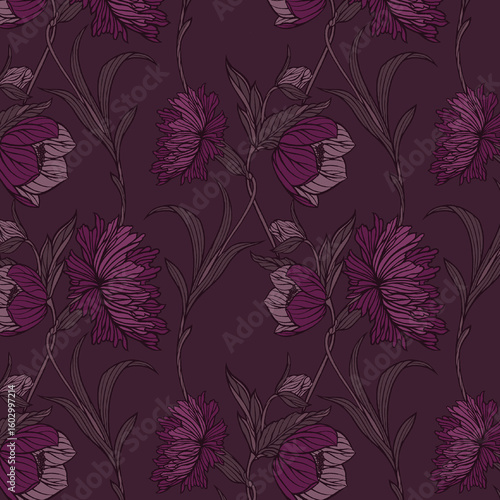 An enchanting seamless pattern showcasing intricate floral elements in captivating shades of plum, violet, and muted lavender, gracefully contrasted with a rich, dark purple background. This design ex