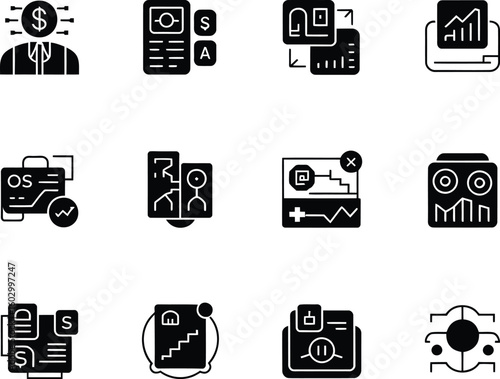 Collection of business and data analysis icons in black and white