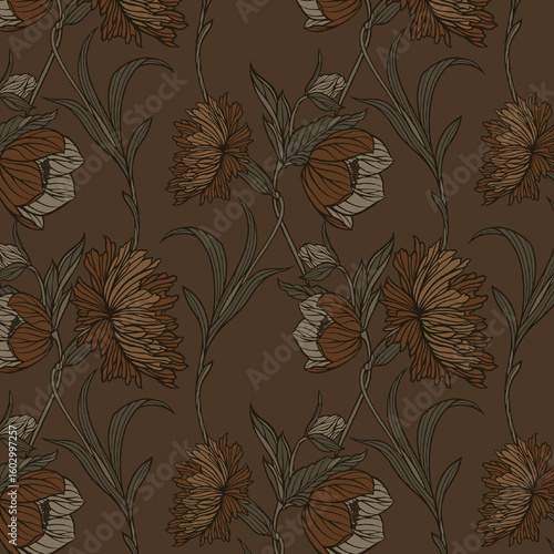 Autumnal Bloom: Rich Brown Floral Seamless Pattern.