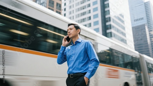 Man in blue shirt talking on phone while standing near a moving bus in an urban setting