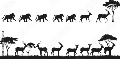 Graceful gazelles and baboons roam African savanna under acacia trees in striking silhouette