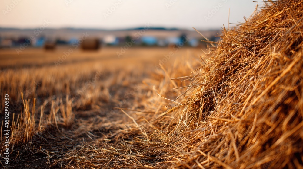 Fototapeta premium Close-up view of a hay bale in a field.