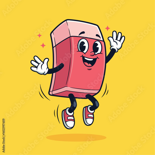 A cartoon eraser with a happy face jumping in the air on a solid yellow color background illustration