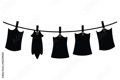 Black Silhouettes of Drying Clothes Bundle – 6 Hanging on Rope with Wind Motion